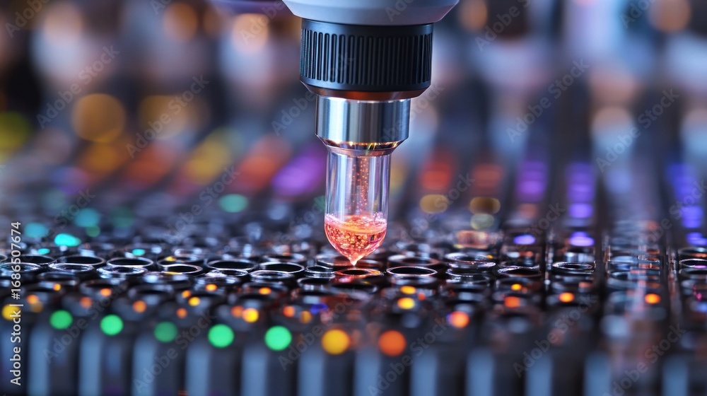 Poster automated scientific analysis: robot arm and glowing liquid samples