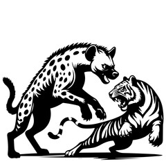 A hyena with spots aggressively confronting a striped tiger in a black and white illustration style