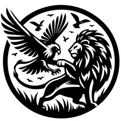 A black and white illustration of an eagle attacking a lion surrounded by flying birds in a circle frame