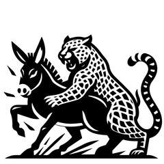 A black and white illustration of a spotted leopard attacking a donkey in a dynamic composition style