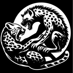 Black and white illustration of a cheetah and hyena facing each other in a circular composition