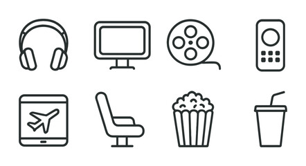 In-flight Entertainment Icons. Outline icon set of In-flight entertainment: headphones, screen, movie reel,