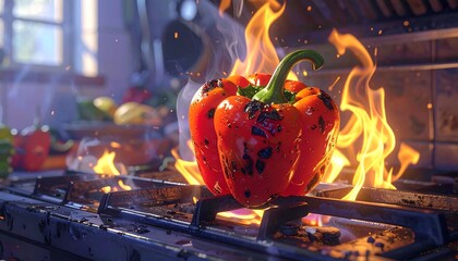 Fiery pepper on a stove