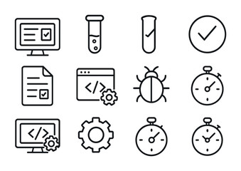 Software Testing Icons. Outline icon set of Software testing: unit test, test tube, checkmark, cross mark,