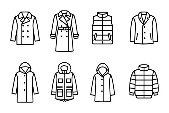 Cold-Weather Outerwear Icons. Outline icon set of Cold-weather outerwear: peacoat, trench coat, puffer vest,