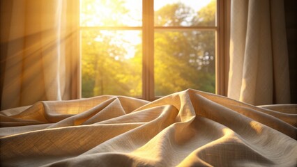 Warm golden sunlight streams through a window illuminating a rumpled bed with soft curtains creating a peaceful morning atmosphere