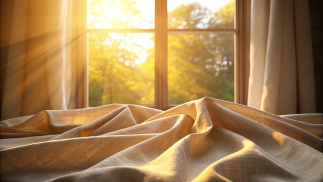 Warm golden sunlight streams through a window illuminating a rumpled bed with soft curtains creating a peaceful morning atmosphere