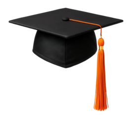 Graduation cap with orange tassel and flat mortarboard