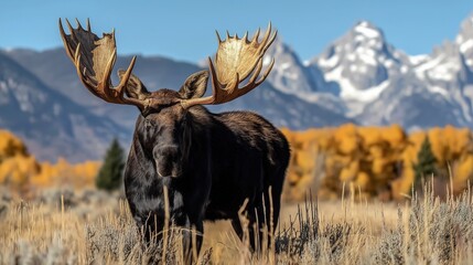 A Majestic Moose Standing in a Golden Autumn Meadow with Snow-Capped Mountains in the Background

