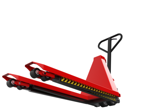 Vibrant Red Hand Pallet Truck: Key Essential Material Handling Equipment for Efficient Logistics, Warehouse Operations and Industrial Supply Chain Management on a Transparent HD Background.