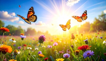 Beautiful Butterflies Flying Over Vibrant Flower Meadow at Sunset