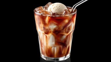 Refreshing Iced Coffee with Creamy Ice Cream Floating on Top Against Black Background
