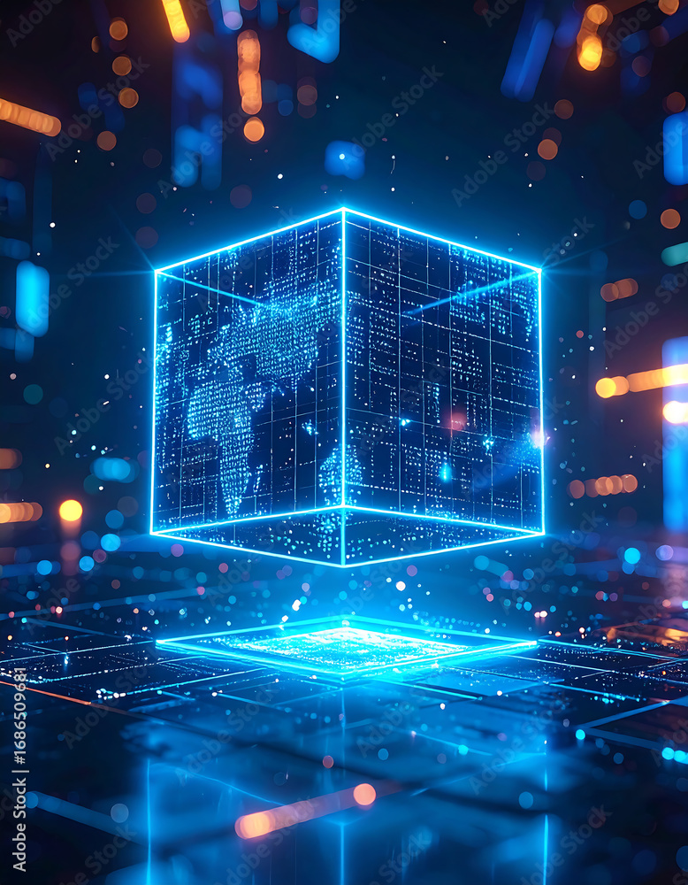 Poster holographic digital cube displaying a world map with glowing circuit board lines, representing globa