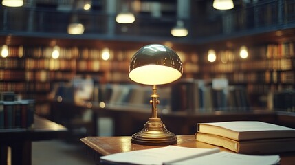 Vintage Desk Lamp Illuminates Books on a Wooden Table in a Cozy Library