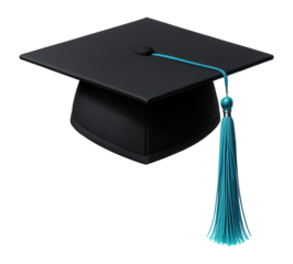 Graduation cap with cyan tassel and flat mortarboard