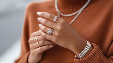 Anonymous influencer woman showcases stylish jewelry in cozy outfit during fall season