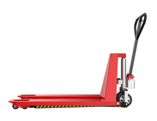 Vibrant Red Hand Pallet Truck: Key Essential Material Handling Equipment for Efficient Logistics, Warehouse Operations and Industrial Supply Chain Management on a Transparent HD Background.