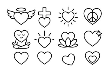 Spiritual Heart Icons. Outline icon set of spiritual heart symbols: angel heart, cross with heart, glowing