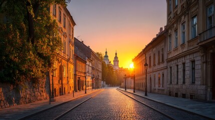Fototapeta premium Cobblestone street and historic buildings stretch toward the setting sun in an old European city