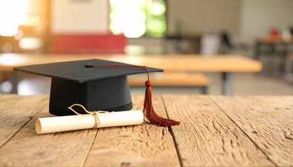Graduation cap and diploma on wooden table
