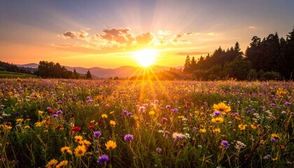 Vibrant Summer Sunset Over Colorful Wildflower Meadow Landscape