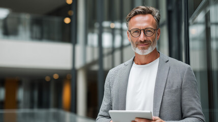 A confident mature Business man with glasses holding a tablet, standing in a modern office environment with natural light