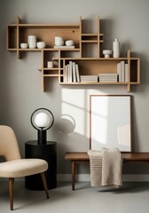 Mockup poster frame in minimalist interior with wooden shelves, ceramic decor, and neutral tones for modern lifestyle and design presentation