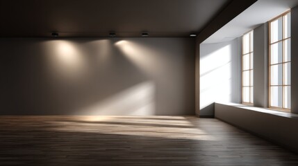 Obraz premium Empty room with wooden floor a beige wall spotlight and natural light from windows