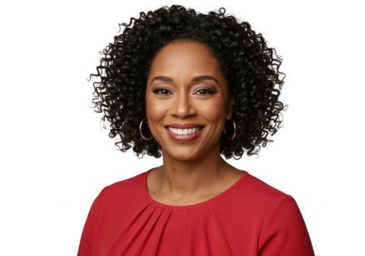 Portrait of a smiling black woman with curly hair isolated on transparent background