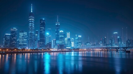 Obraz premium 3d rendering illustrated Tall buildings with neon lights reflect in calm water, showcasing a vibrant, futuristic cityscape