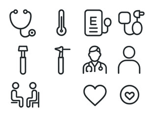 Medical Tools Outline Icons. Outline icon set of patient examination: stethoscope, thermometer, blood pressure