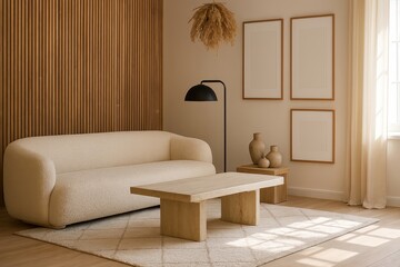 Three mockup poster frames in a modern minimalist living room interior with neutral tones, wooden accents, and natural light - perfect for showcasing artwork, branding, or design presentations
