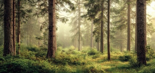 Obraz premium The serene forest with tall trees and soft morning light.