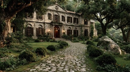 Fototapeta premium Rustic stone mansion in a lush garden