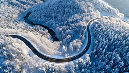 Winding snow covered mountain road through winter forest