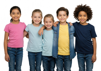 Five smiling children standing together isolated on transparent background