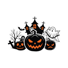 Halloween Scary Pumpkin Vector Illustration with Haunted House, Ghost, Bat and Graveyard