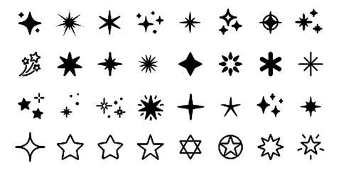 Star icon set. Different sparkling star shapes. Decorative twinkle and bursts forms, abstract shining flash symbols, y2k style basic shapes geometric graphic elements. Vector illustration.