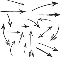 Hand-Drawn Distressed Brush Stroke Arrows Set on White Background, Vector Arrow