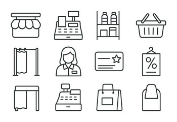 Retail Icon Set. Outline icon set of brick-and-mortar store adaptation: shop sign, cash register, shelf