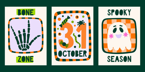 Cutout style Halloween vector posters set. Cute retro groovy fall print designs with ghost, skeleton hand illustrations in playful frames