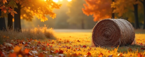 Rustic autumnal scene featuring a bountiful pile of golden hay bales, perfect for Thanksgiving decorations or fall harvest imagery , fall decor, golden hour, nature