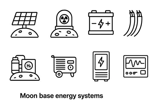 Moon Base Energy Icons. Outline icon set of Moon base energy systems: solar array, nuclear reactor, battery