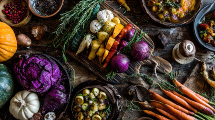 Rustic autumn harvest feast with pumpkins, brussels sprouts, carrots, cabbage and seasonal vegetables on wooden table
