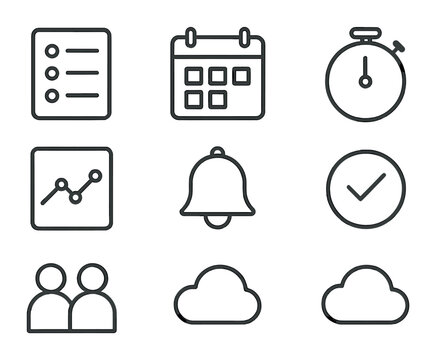 Online Productivity Icons. Outline icon set of Online productivity apps: to-do list, calendar, timer, - Powered by Adobe
