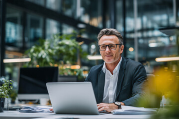 Fototapeta premium A photograph of an attractive middle-aged man in glasses, sitting at his desk with papers and a laptop, contemplating the marketing plan for his company.