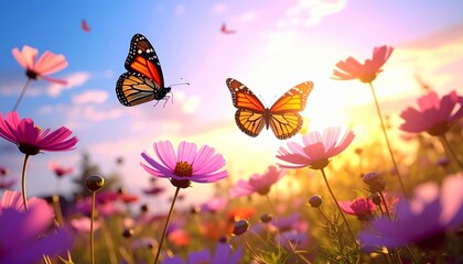 Colorful Butterflies Flying Over Bright Flower Field at Sunset