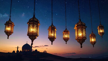 Glowing Lanterns at Sunset Silhouette