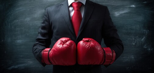 The businessman in a suit wearing red boxing gloves ready for corporate battle