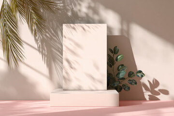 Unobtrusive botanical background with shadow on the wall - trend frame, cover, card, postcard. Exhibition Podium, stand, showcase on pastel light background for premium product